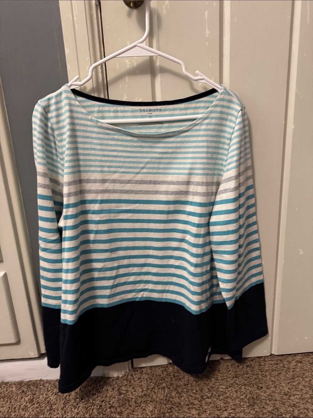 Talbots Striped Long Sleeve Knit Top in Aqua, White & Navy
